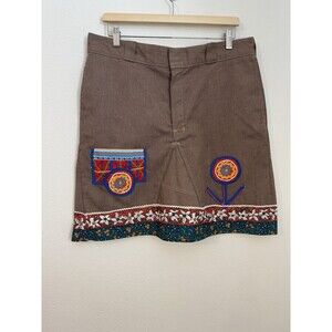 Dickies Skirt Brown Embellished Up Cycled Boho Grunge Floral Indie Size XL/ 36